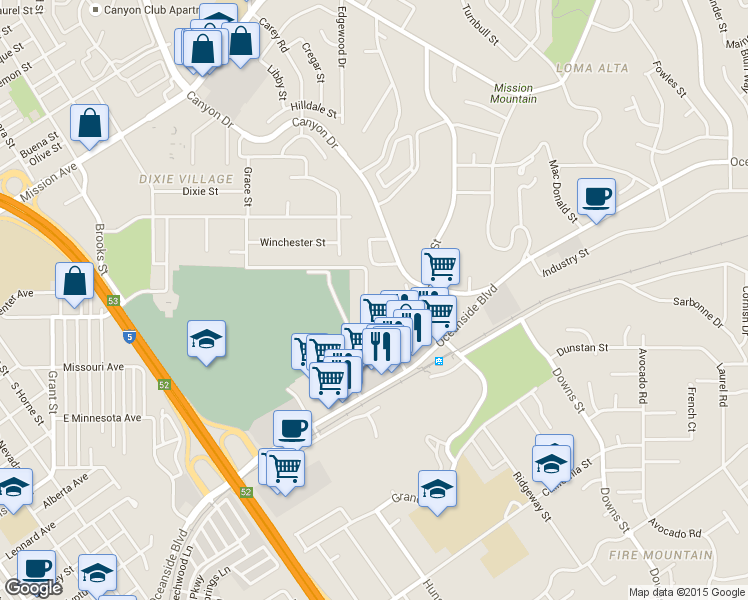 map of restaurants, bars, coffee shops, grocery stores, and more near 535 Greenbrier Drive in Oceanside