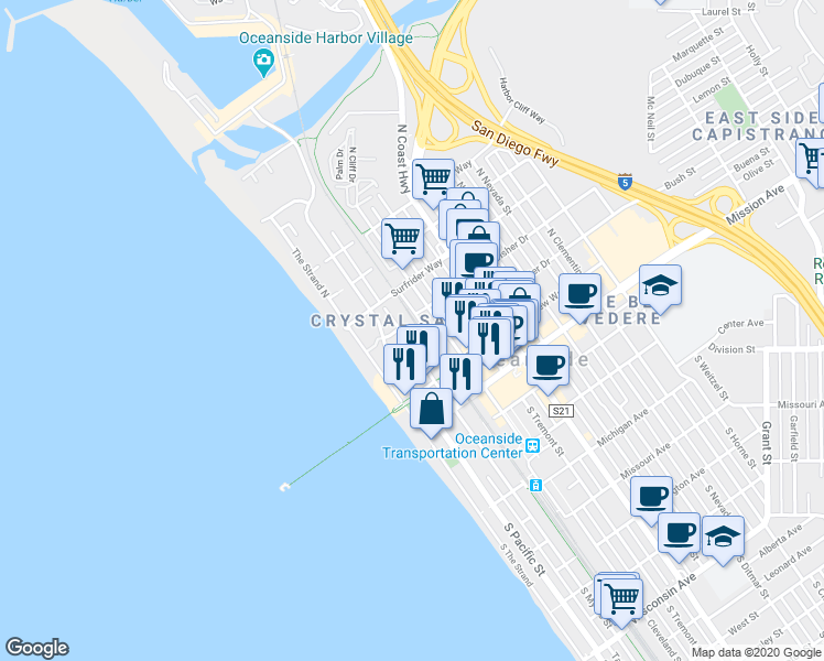 map of restaurants, bars, coffee shops, grocery stores, and more near 400 North Myers Street in Oceanside