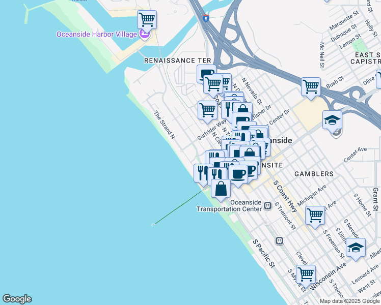 map of restaurants, bars, coffee shops, grocery stores, and more near 501 The Strand North in Oceanside