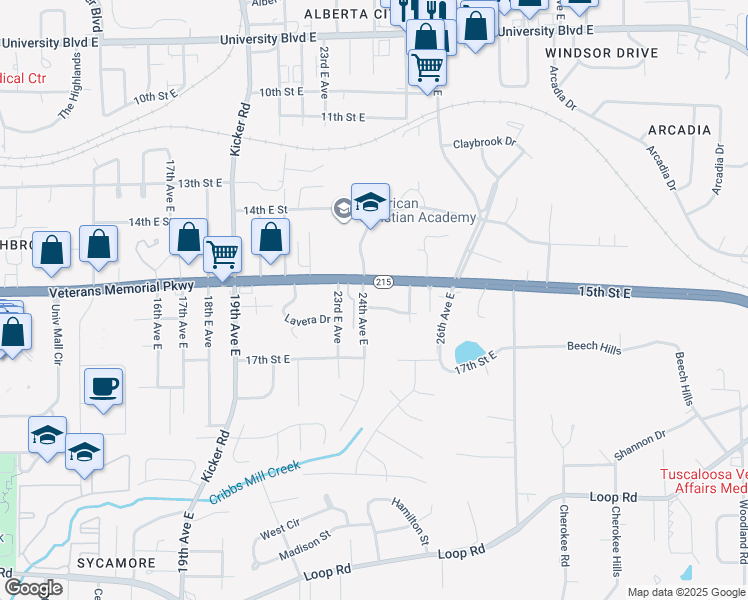 map of restaurants, bars, coffee shops, grocery stores, and more near 1601 24th Avenue East in Tuscaloosa