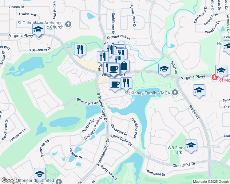 map of restaurants, bars, coffee shops, grocery stores, and more near 470 Mediterranean Drive in McKinney