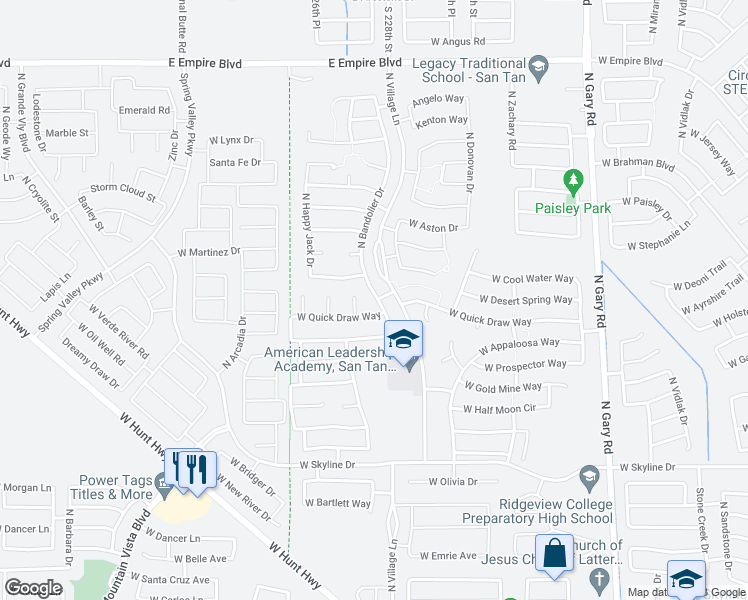map of restaurants, bars, coffee shops, grocery stores, and more near 34974 North Bandolier Drive in Queen Creek