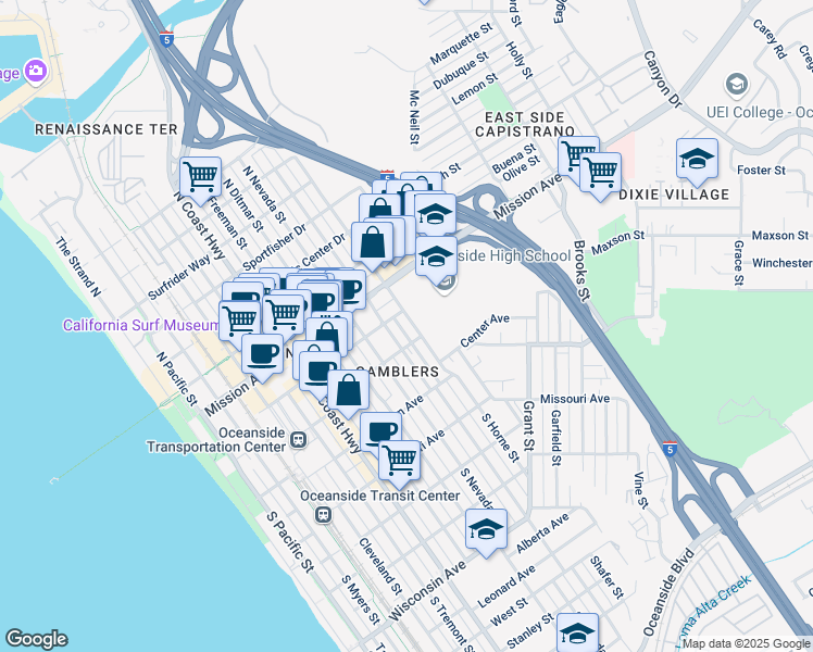 map of restaurants, bars, coffee shops, grocery stores, and more near 109 South Horne Street in Oceanside