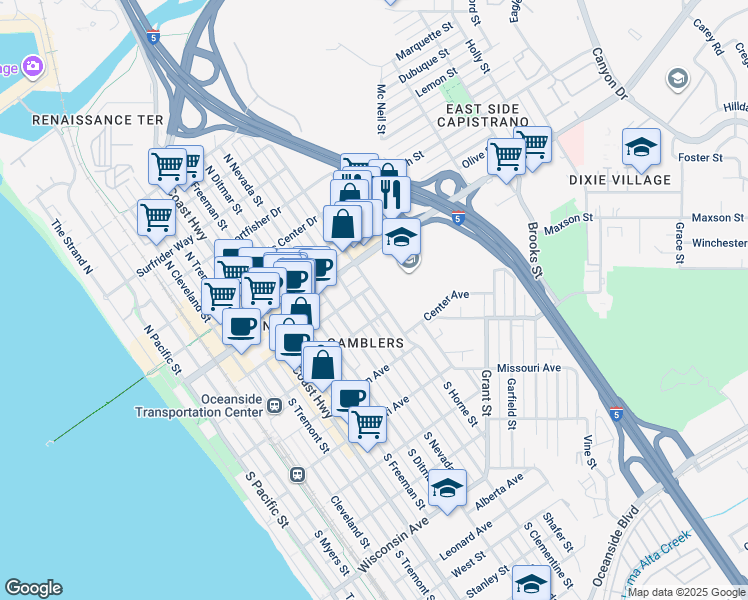 map of restaurants, bars, coffee shops, grocery stores, and more near 109 South Horne Street in Oceanside