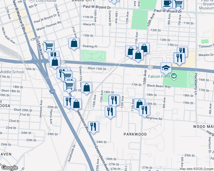 map of restaurants, bars, coffee shops, grocery stores, and more near 1401-1499 Short 17th St in Tuscaloosa