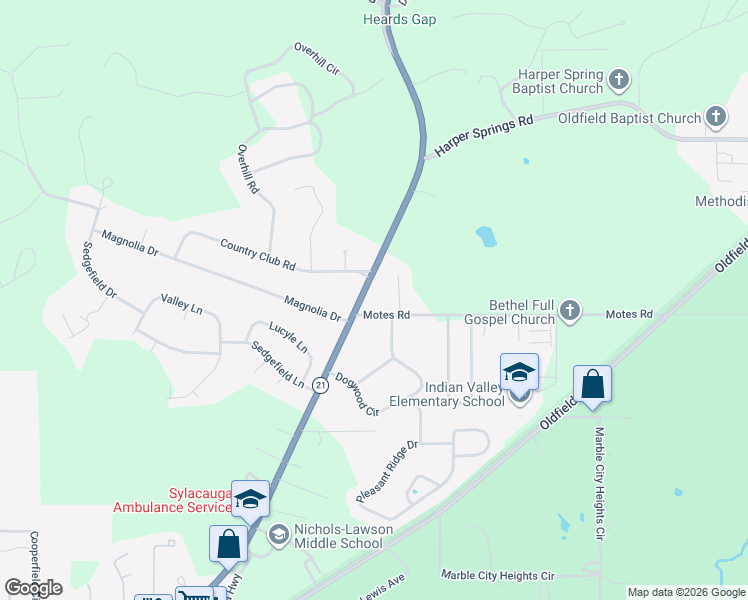 map of restaurants, bars, coffee shops, grocery stores, and more near 2200 South Broadway Avenue in Sylacauga