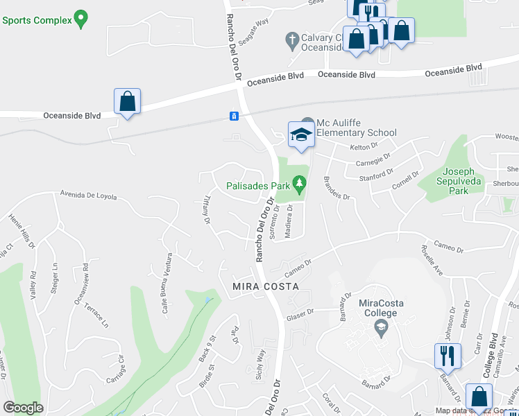 map of restaurants, bars, coffee shops, grocery stores, and more near 3287 San Tomas Drive in Oceanside