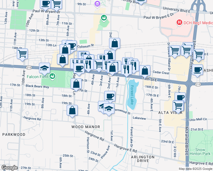 map of restaurants, bars, coffee shops, grocery stores, and more near 1614 2nd Avenue in Tuscaloosa