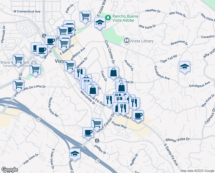 map of restaurants, bars, coffee shops, grocery stores, and more near 630 Crest Drive in Vista
