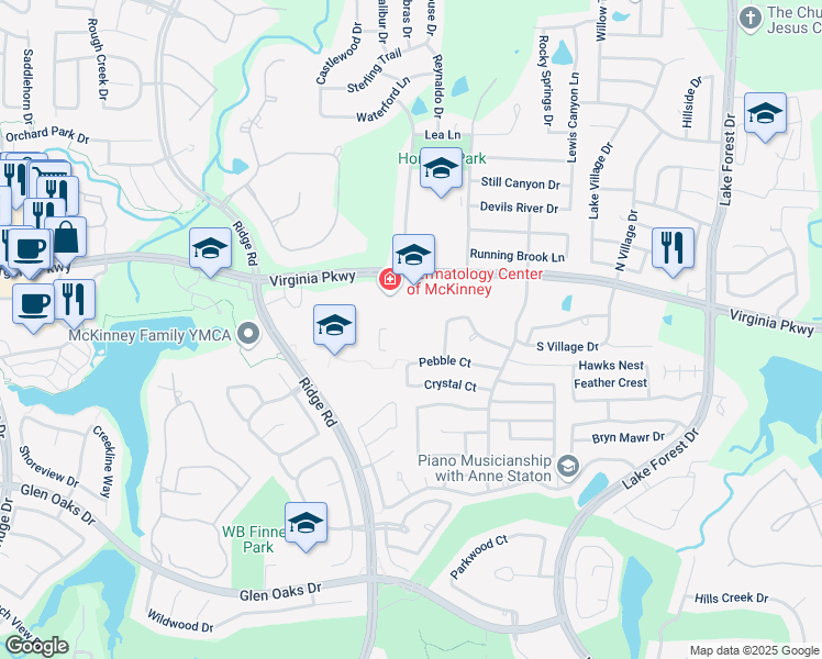 map of restaurants, bars, coffee shops, grocery stores, and more near 5701 Virginia Parkway in McKinney