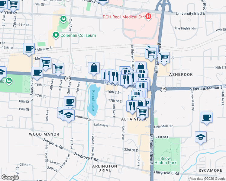 map of restaurants, bars, coffee shops, grocery stores, and more near 405 16th Street East in Tuscaloosa