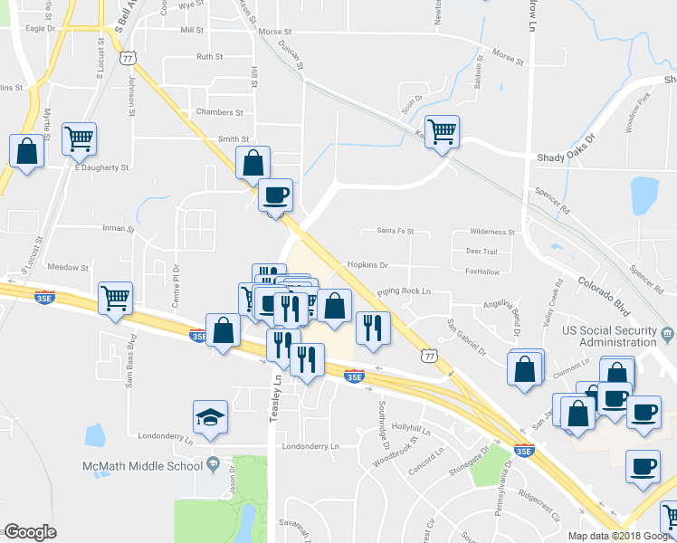 map of restaurants, bars, coffee shops, grocery stores, and more near 1202 Dallas Drive in Denton
