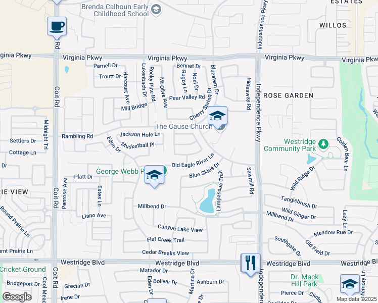 map of restaurants, bars, coffee shops, grocery stores, and more near 10225 Blackberry Street in McKinney