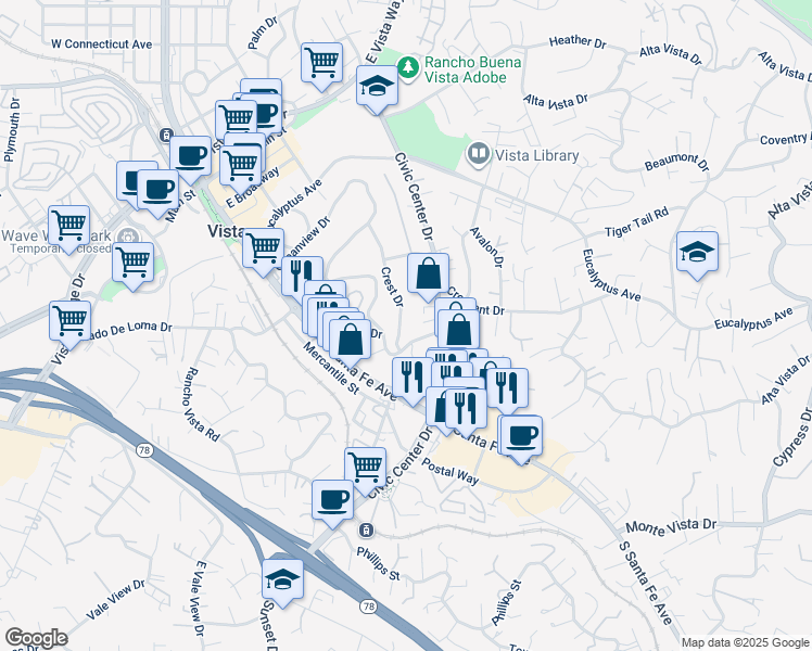 map of restaurants, bars, coffee shops, grocery stores, and more near 630 Crest Drive in Vista