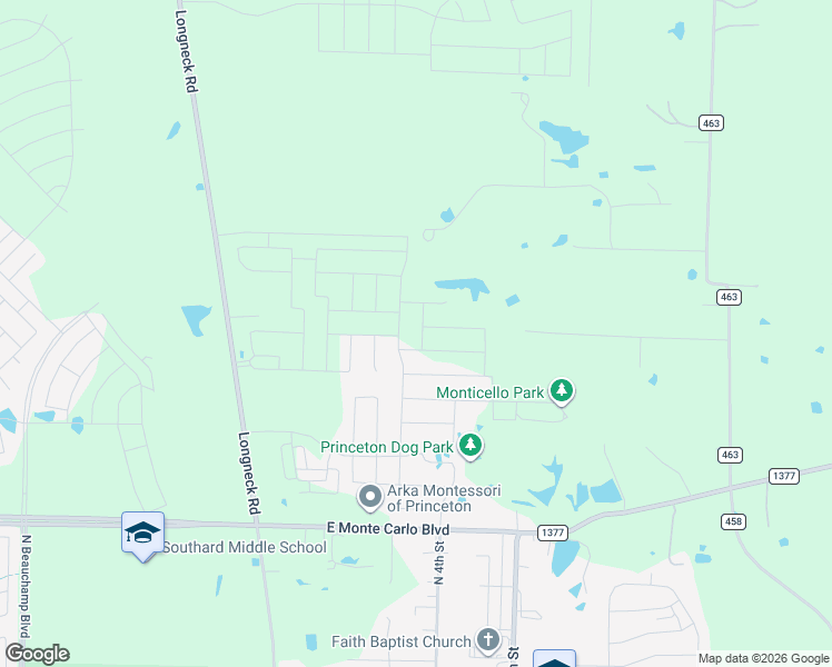 map of restaurants, bars, coffee shops, grocery stores, and more near 8431 Biggs Road in Princeton