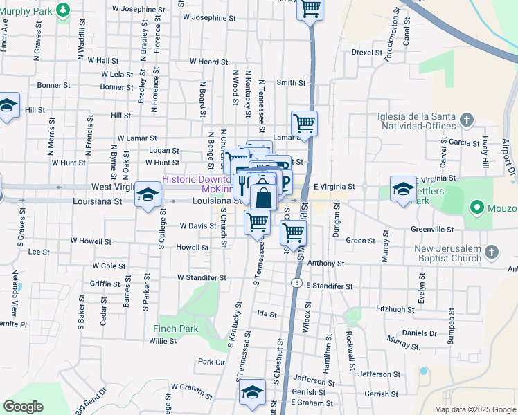 map of restaurants, bars, coffee shops, grocery stores, and more near 119 East Cloyd Street in McKinney