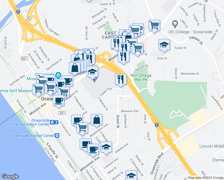 map of restaurants, bars, coffee shops, grocery stores, and more near 1235 Center Avenue in Oceanside