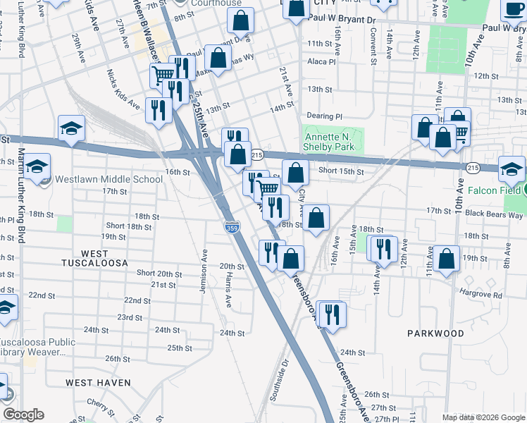 map of restaurants, bars, coffee shops, grocery stores, and more near in Tuscaloosa