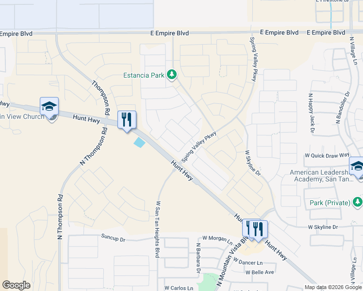 map of restaurants, bars, coffee shops, grocery stores, and more near 34929 North Augite Way in Queen Creek