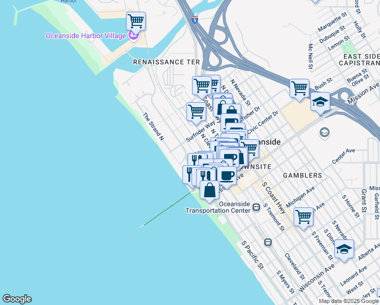map of restaurants, bars, coffee shops, grocery stores, and more near 501 The Strand North in Oceanside