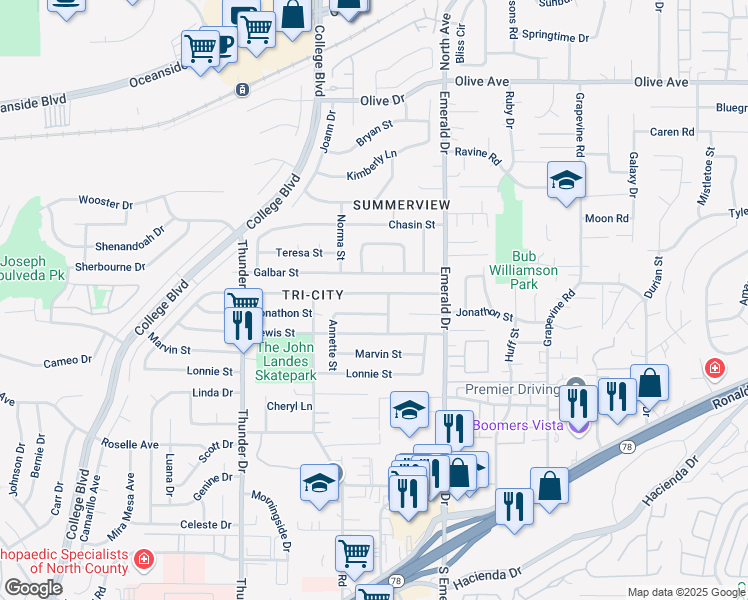 map of restaurants, bars, coffee shops, grocery stores, and more near 4194 Jonathon Street in Oceanside