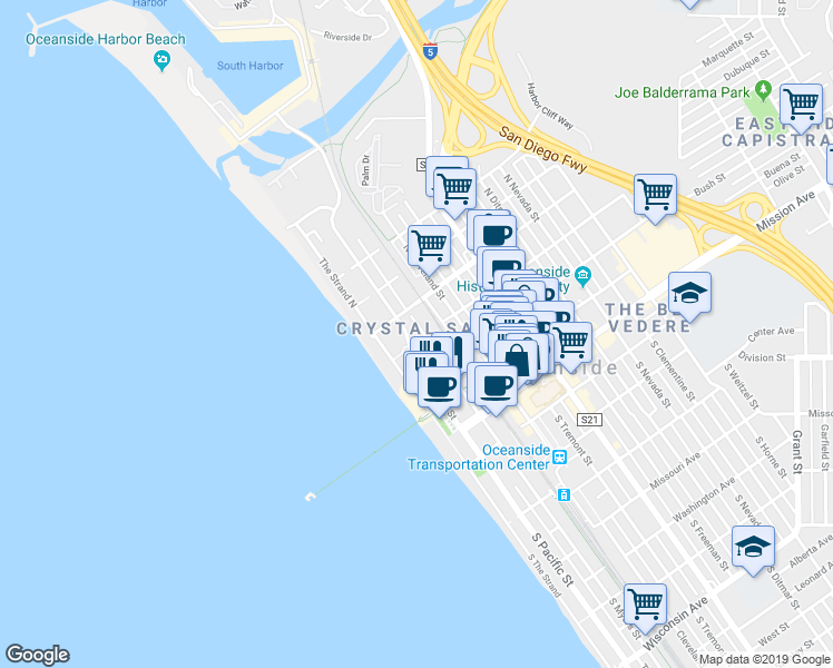 map of restaurants, bars, coffee shops, grocery stores, and more near 100 Sportfisher Drive in Oceanside
