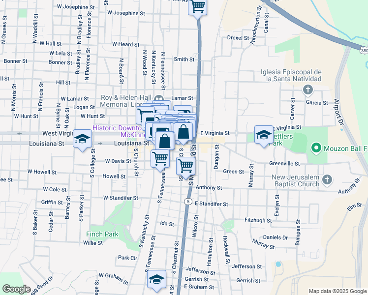 map of restaurants, bars, coffee shops, grocery stores, and more near 120 South Chestnut Street in McKinney