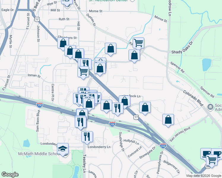 map of restaurants, bars, coffee shops, grocery stores, and more near 1000 Hopkins Drive in Denton