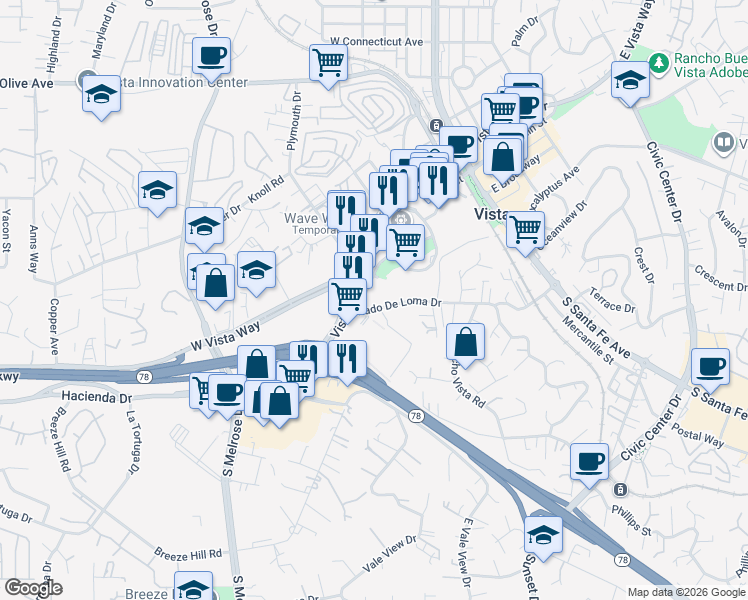 map of restaurants, bars, coffee shops, grocery stores, and more near 235 Vista Village Drive in Vista