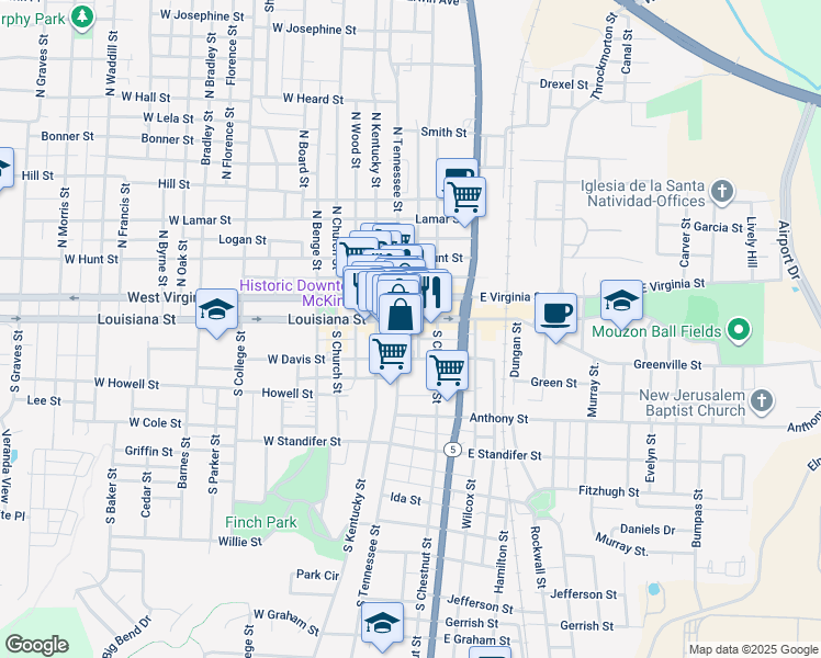 map of restaurants, bars, coffee shops, grocery stores, and more near 119 East Cloyd Street in McKinney