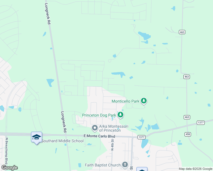 map of restaurants, bars, coffee shops, grocery stores, and more near 8431 Biggs Road in Princeton