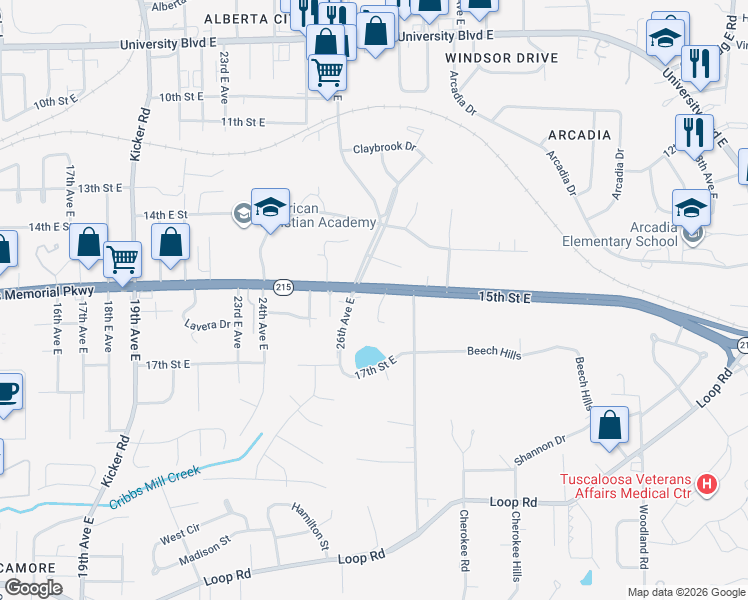map of restaurants, bars, coffee shops, grocery stores, and more near 1520 27th Avenue East in Tuscaloosa