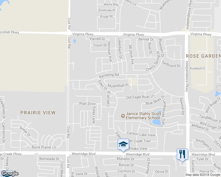 map of restaurants, bars, coffee shops, grocery stores, and more near 10605 Musketball Place in McKinney