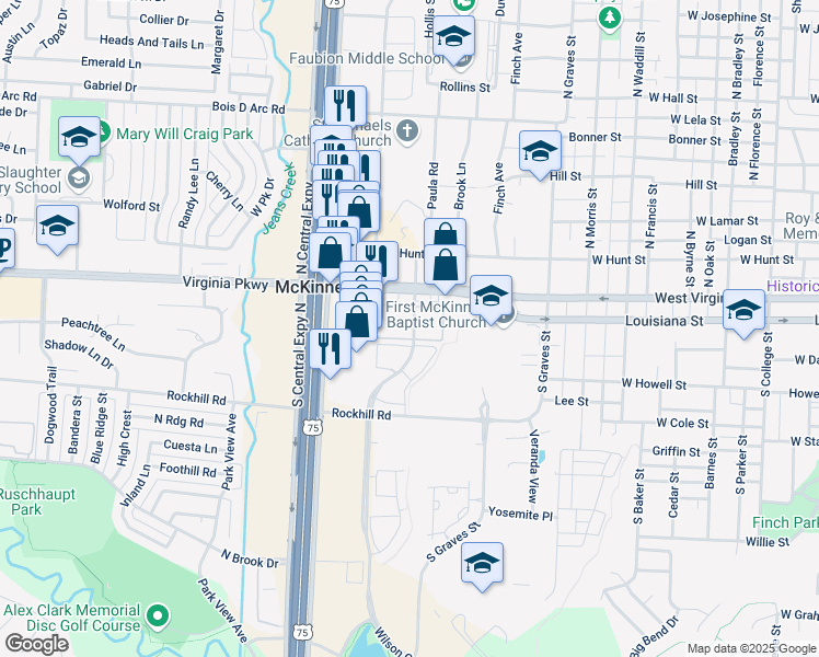 map of restaurants, bars, coffee shops, grocery stores, and more near 123 Wilson Creek Boulevard in McKinney