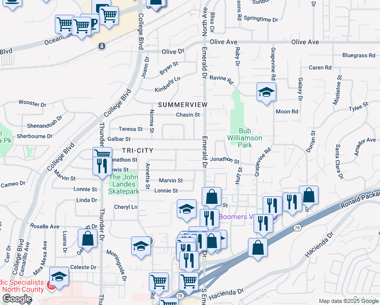 map of restaurants, bars, coffee shops, grocery stores, and more near 4220 Jonathon Place in Oceanside