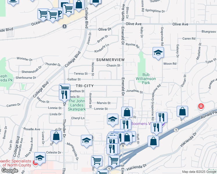 map of restaurants, bars, coffee shops, grocery stores, and more near 4194 Jonathon Street in Oceanside