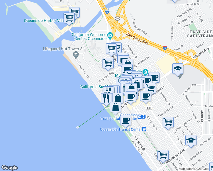 map of restaurants, bars, coffee shops, grocery stores, and more near 512 North Myers Street in Oceanside