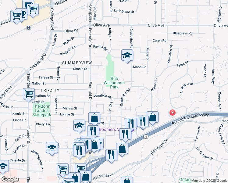 map of restaurants, bars, coffee shops, grocery stores, and more near 527 Huff Street in Vista