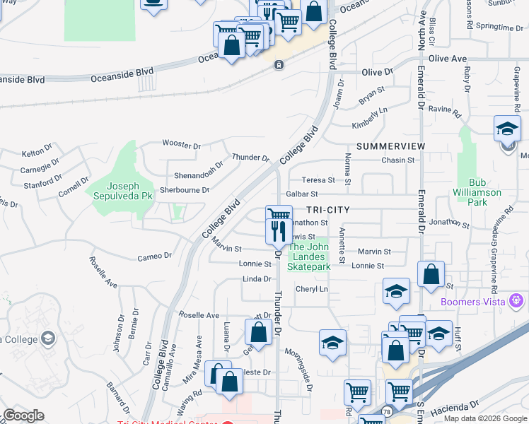 map of restaurants, bars, coffee shops, grocery stores, and more near 4060 Jonathon Street in Oceanside