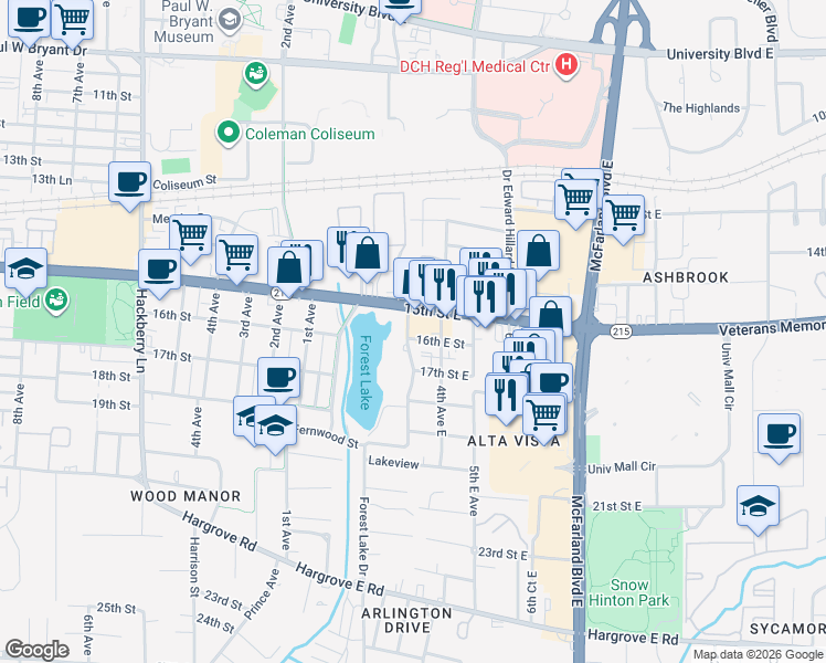 map of restaurants, bars, coffee shops, grocery stores, and more near 305 16th Street East in Tuscaloosa