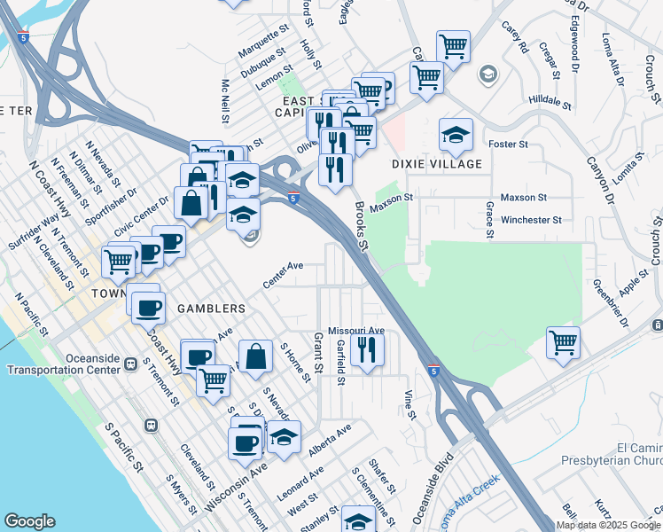 map of restaurants, bars, coffee shops, grocery stores, and more near 326 Grant Street in Oceanside