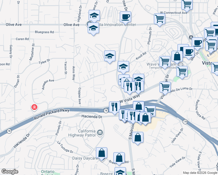 map of restaurants, bars, coffee shops, grocery stores, and more near 207 Diamond Way in Vista