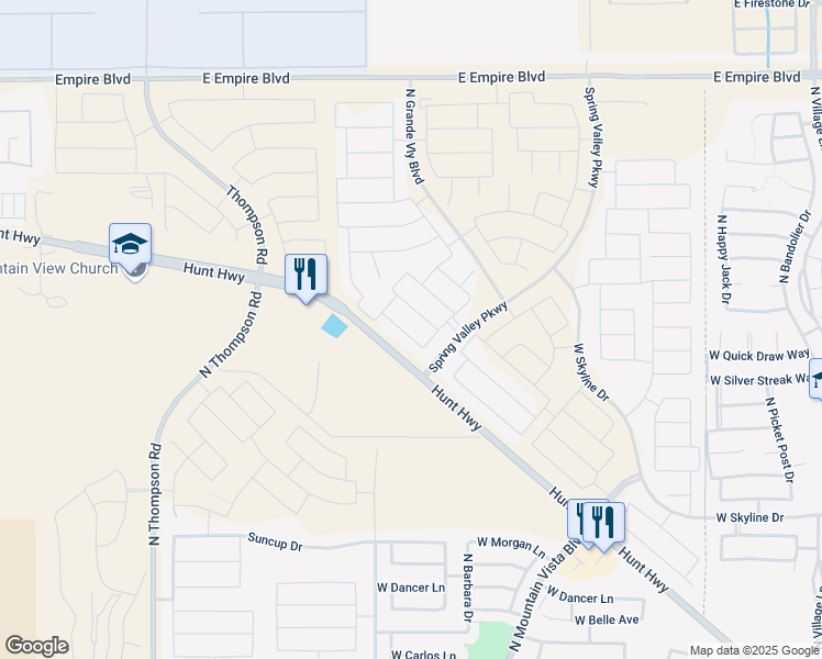 map of restaurants, bars, coffee shops, grocery stores, and more near 34970 North Augite Way in Queen Creek