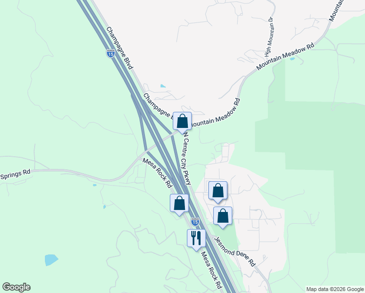 map of restaurants, bars, coffee shops, grocery stores, and more near 26727 Mountain Meadow Road in Escondido