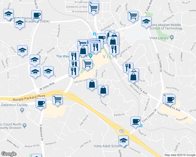 map of restaurants, bars, coffee shops, grocery stores, and more near 251 Lado De Loma Drive in Vista