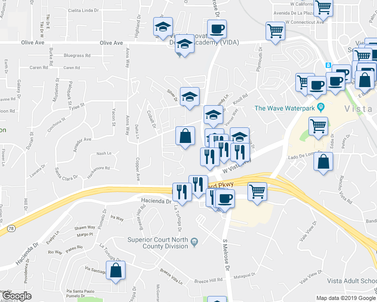 map of restaurants, bars, coffee shops, grocery stores, and more near 158 North Melrose Drive in Vista