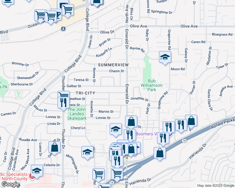 map of restaurants, bars, coffee shops, grocery stores, and more near 4220 Jonathon Place in Oceanside