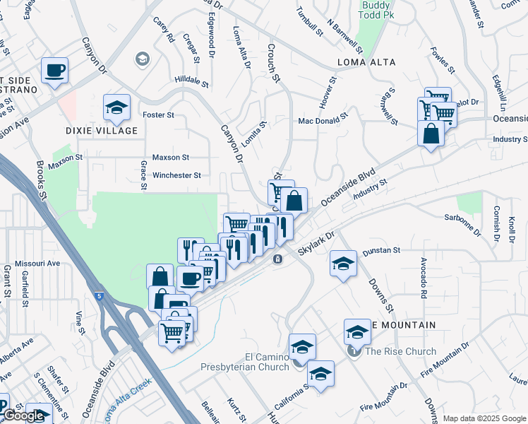 map of restaurants, bars, coffee shops, grocery stores, and more near 605 Crouch Street in Oceanside