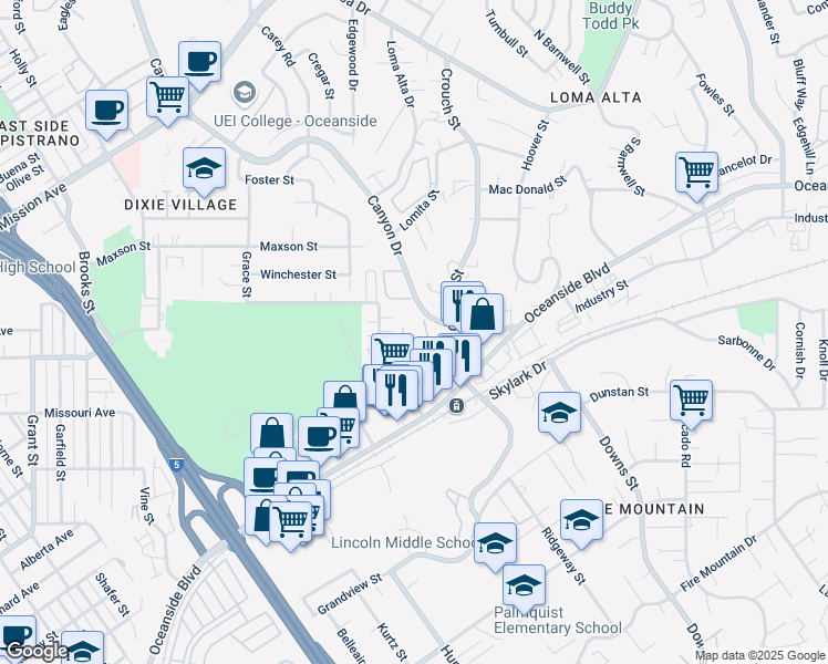 map of restaurants, bars, coffee shops, grocery stores, and more near 1990 Apple Street in Oceanside