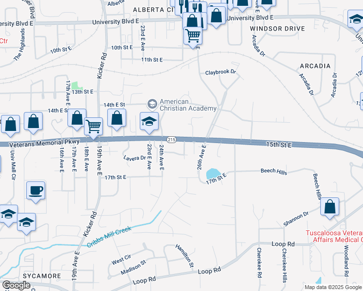 map of restaurants, bars, coffee shops, grocery stores, and more near 2501 Veterans Memorial Parkway in Tuscaloosa